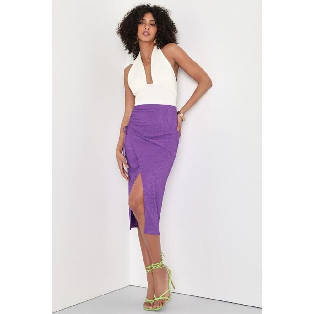 NWT Lulus Modern Confidence Textured Ruched Drawstring Midi Skirt - Size S